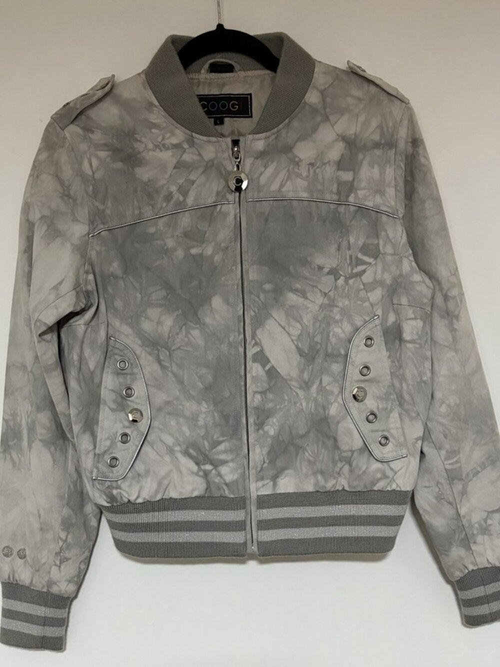 Coogi Women’s Gray Tie Dye Y2K Bomber Jacket Size Large Zipper Silver